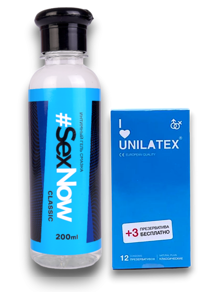 Интимный Набор SexNow и Unilatex: Гель-Смазка и Классические Презервативы Natural Plain 12+3 шт